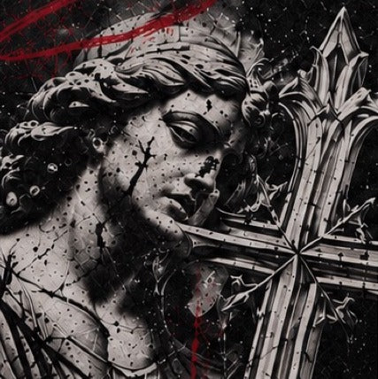 Detail of the stone angel and gothic cross back graphic