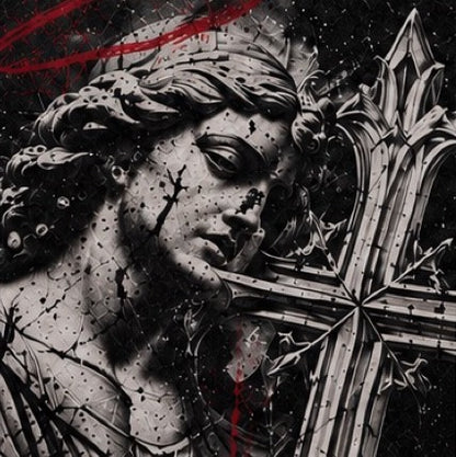 Detail of the stone angel and gothic cross back graphic