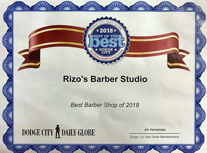 Dodge City Daily Globe Best of the Best 2018 certificate: Rizo's Barber Studio, Best Barber Shop of 2018