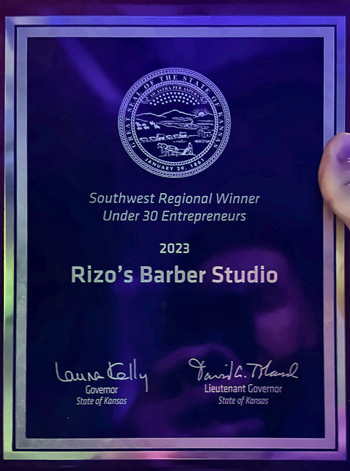 Kansas Business Awards 2023 plaque: Southwest Regional Winner, Under 30 Entrepreneurs, Rizo's Barber Studio